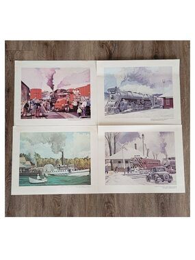Vintage Art Prints Railways & Steamboat Set of 4 #2210